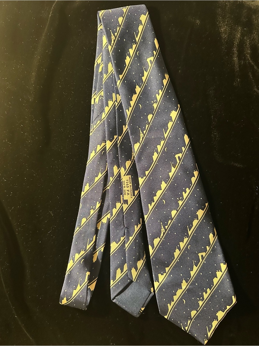 Hermes Navy Tie with Yellow Diagonal Skyline Motif